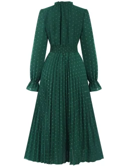 New Retro Stage 1940s Lantern Sleeve Ruffles Dress Dark Green
