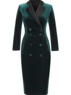 Best Retro Stage 1960s Lapel Button Velvet Dress Dark Green
