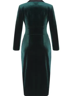 Best Retro Stage 1960s Lapel Button Velvet Dress Dark Green