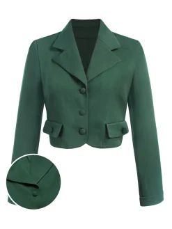 New Retro Stage 1940s Lapel Button Cropped Blazer Dark Green
