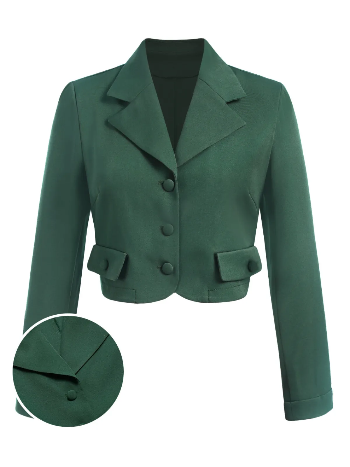New Retro Stage 1940s Lapel Button Cropped Blazer Dark Green