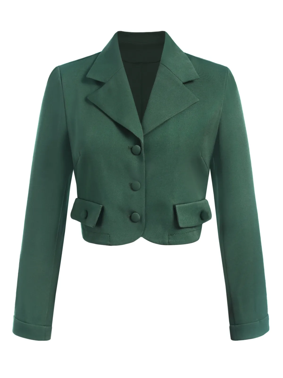 New Retro Stage 1940s Lapel Button Cropped Blazer Dark Green