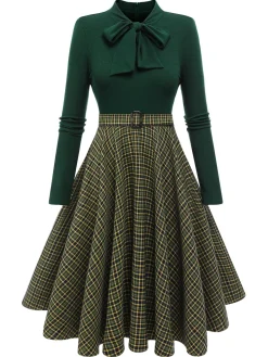Hot Retro Stage Dark Green 1950s Plaid Knitting Dress