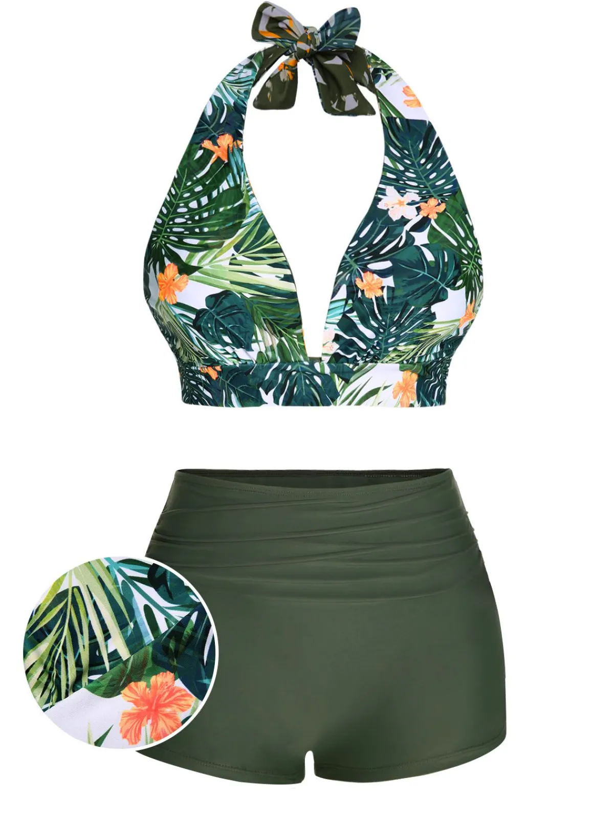 Fashion Retro Stage 1930s Reversible Halter Swimsuit Dark Green