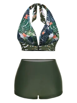 Fashion Retro Stage 1930s Reversible Halter Swimsuit Dark Green