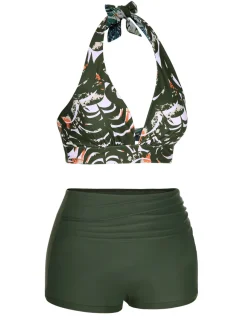 Fashion Retro Stage 1930s Reversible Halter Swimsuit Dark Green