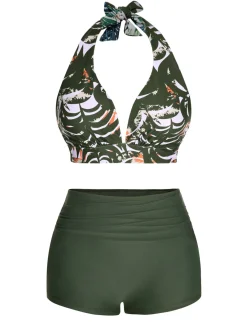 Fashion Retro Stage 1930s Reversible Halter Swimsuit Dark Green