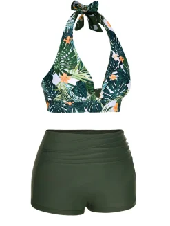 Fashion Retro Stage 1930s Reversible Halter Swimsuit Dark Green