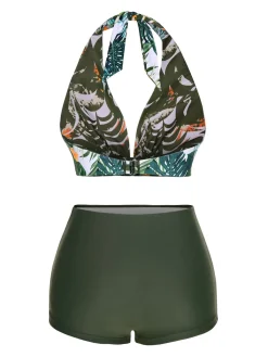 Fashion Retro Stage 1930s Reversible Halter Swimsuit Dark Green