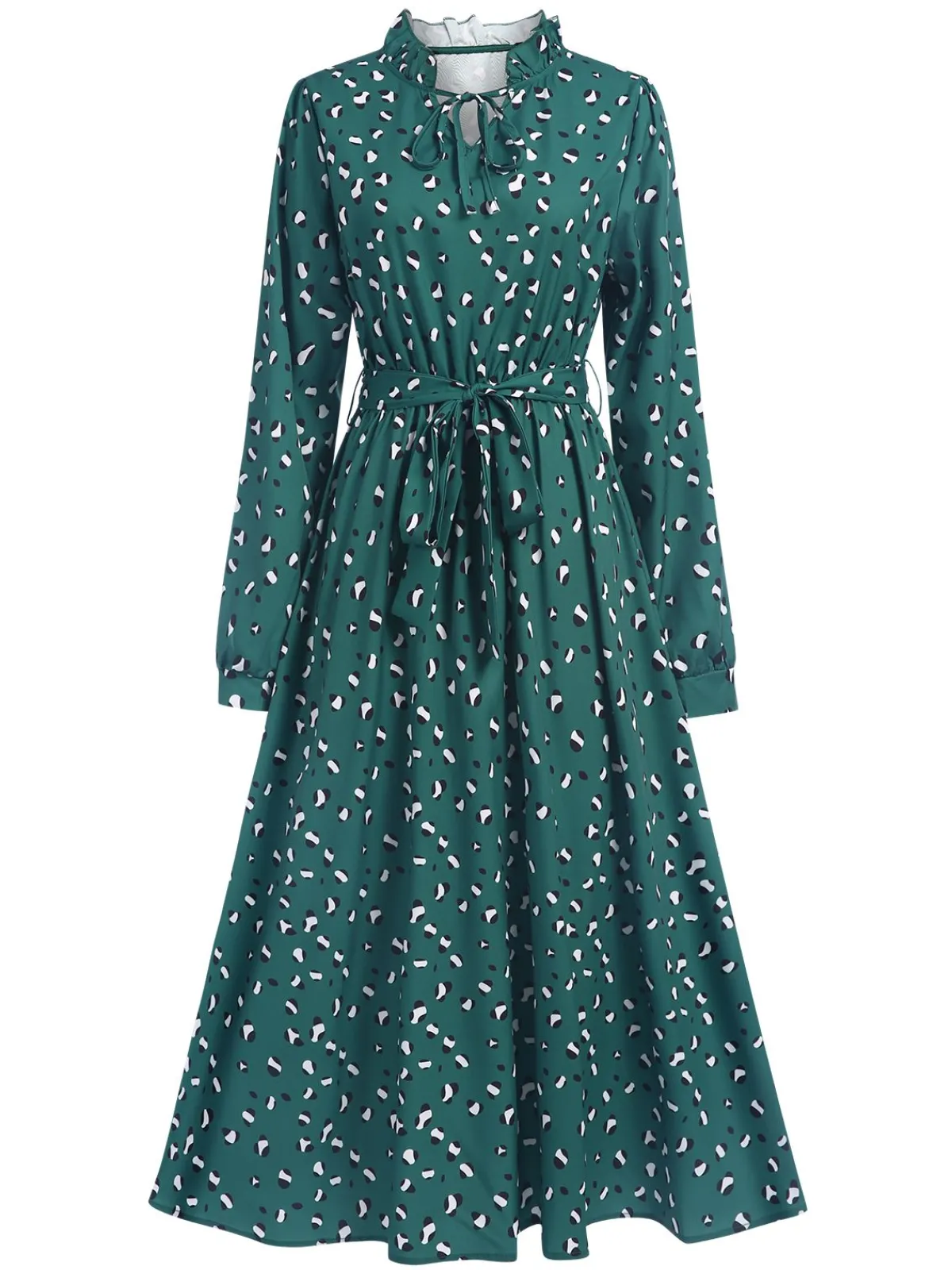 New Retro Stage 1940s Ruffled Neck Long Sleeve Belted Dress Dark Green