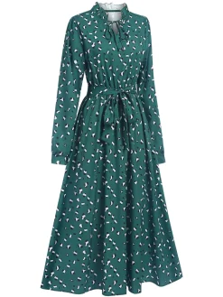 New Retro Stage 1940s Ruffled Neck Long Sleeve Belted Dress Dark Green