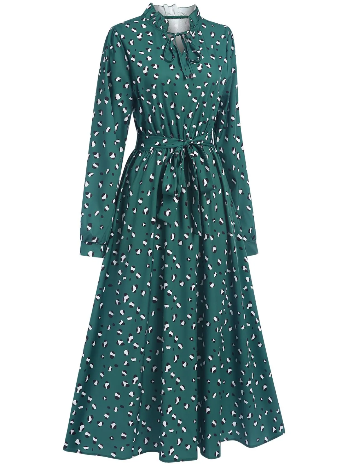 New Retro Stage 1940s Ruffled Neck Long Sleeve Belted Dress Dark Green