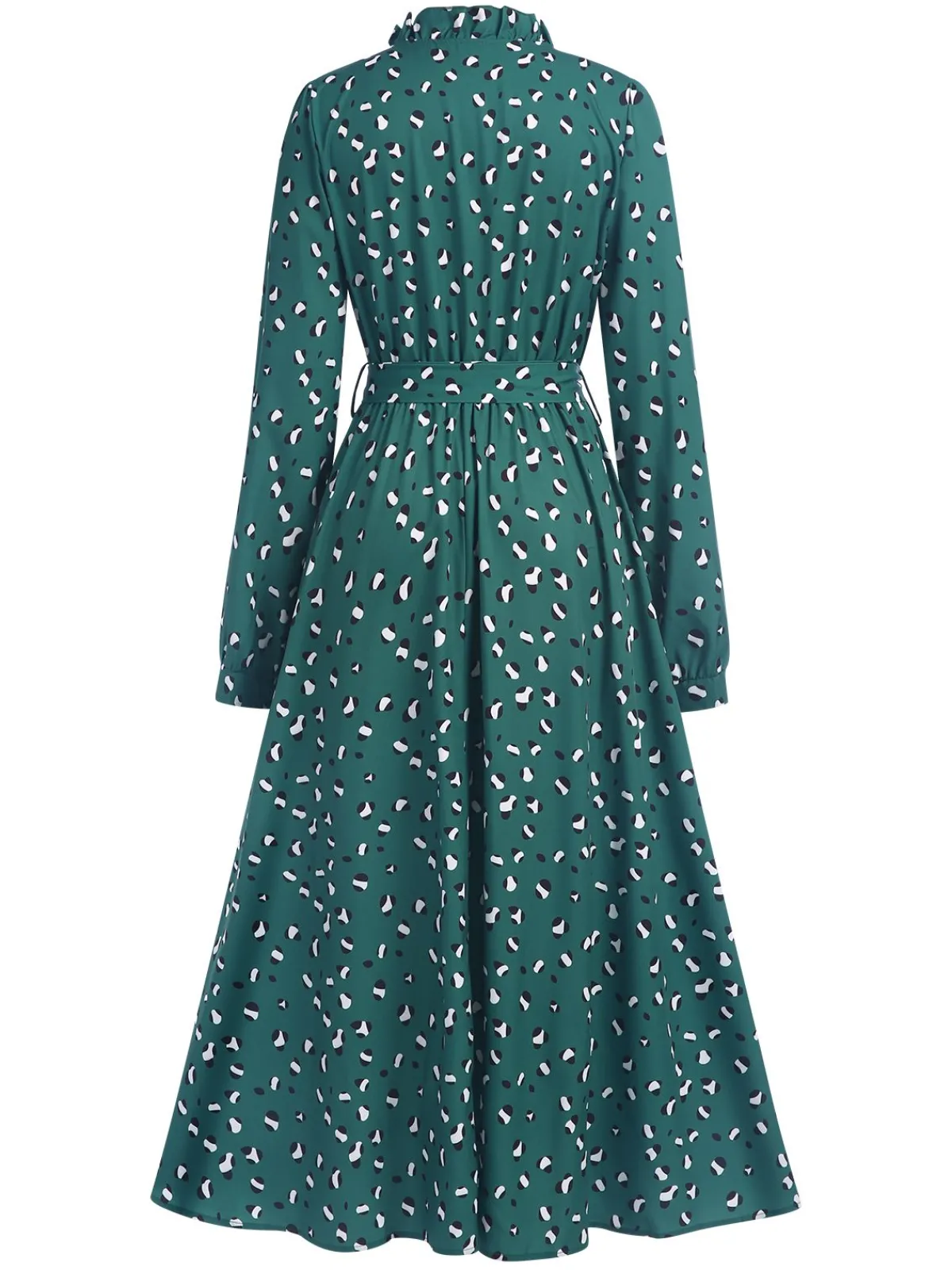 New Retro Stage 1940s Ruffled Neck Long Sleeve Belted Dress Dark Green