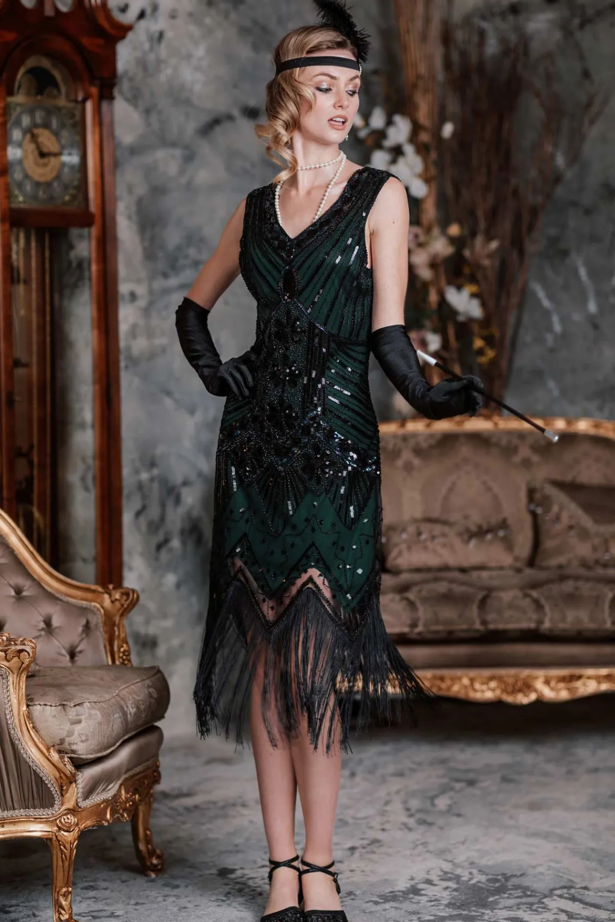 Best Retro Stage 1920s Sequined Flapper Dress dark green