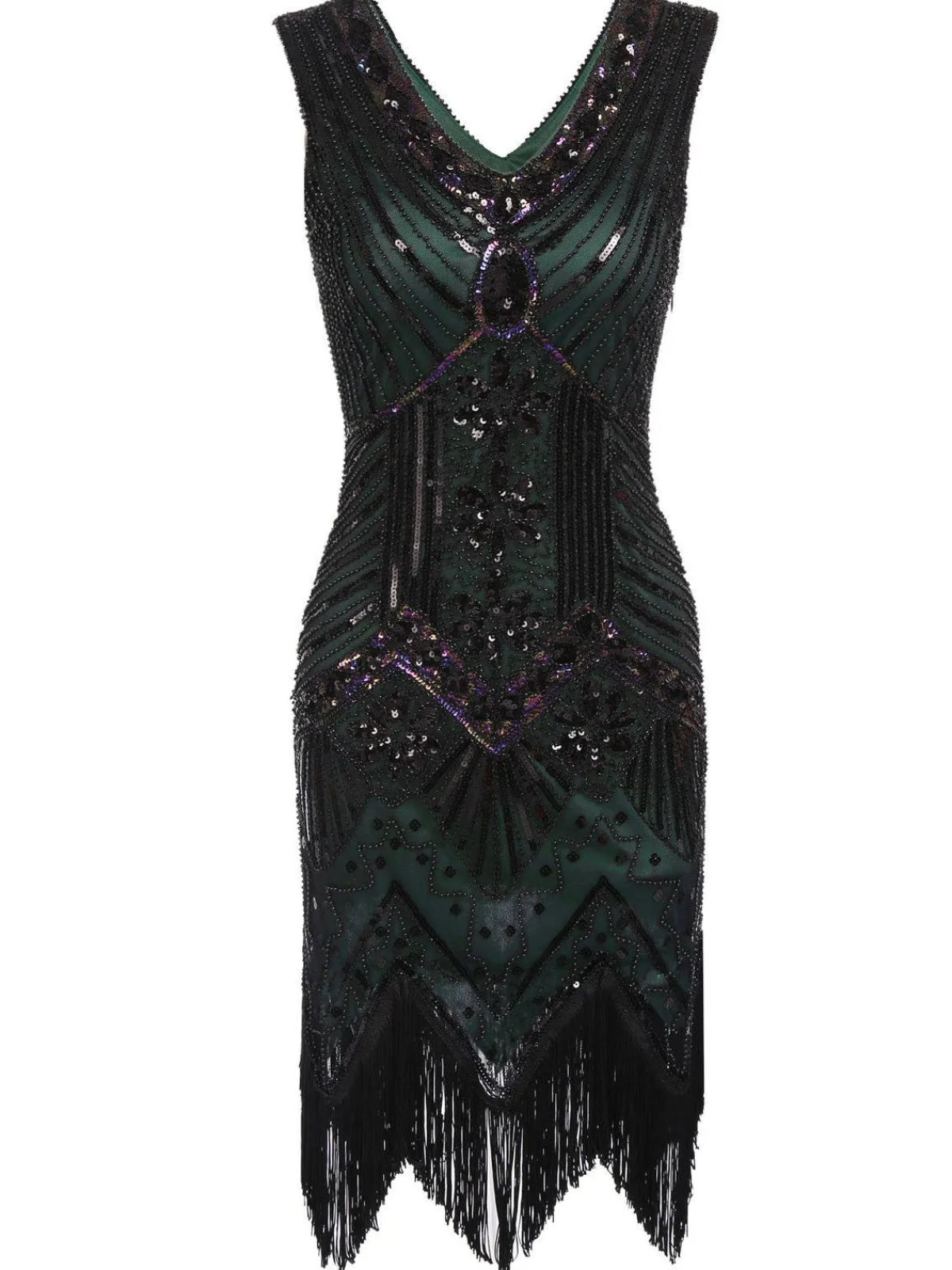 Best Retro Stage 1920s Sequined Flapper Dress dark green