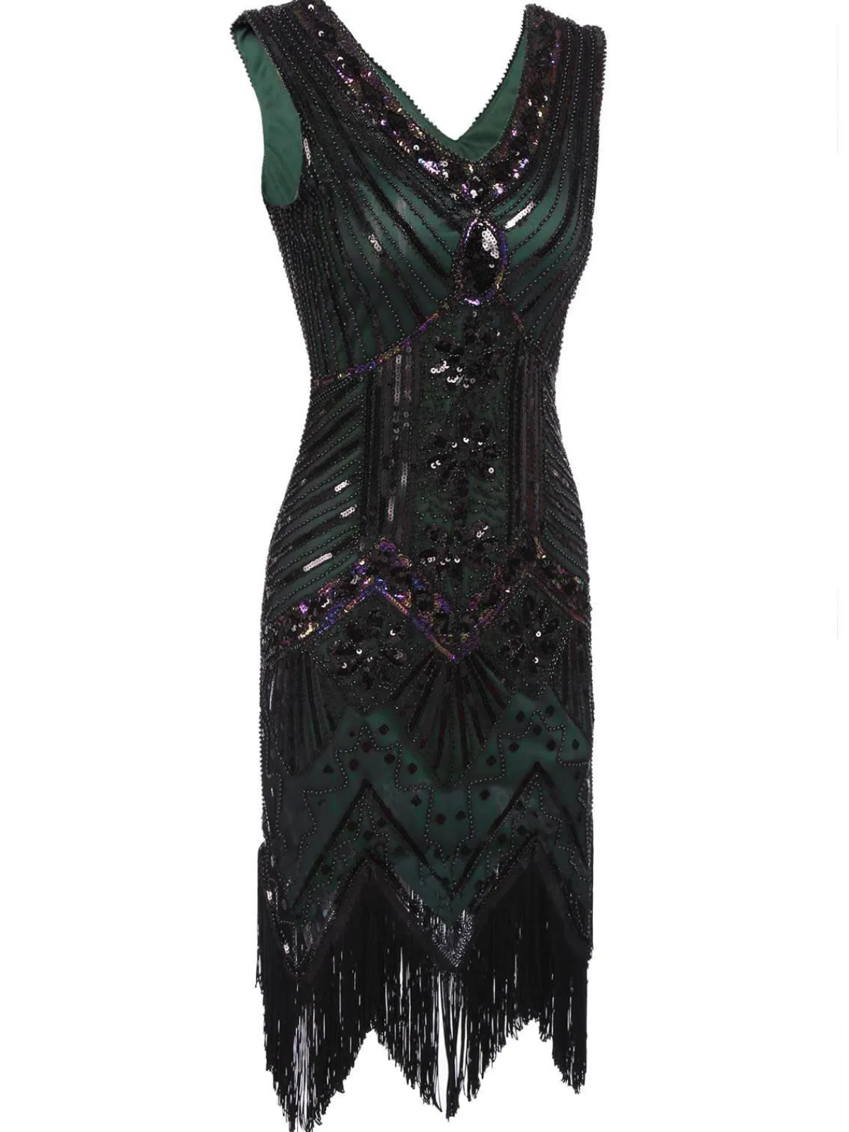 Best Retro Stage 1920s Sequined Flapper Dress dark green