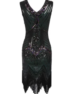 Best Retro Stage 1920s Sequined Flapper Dress dark green