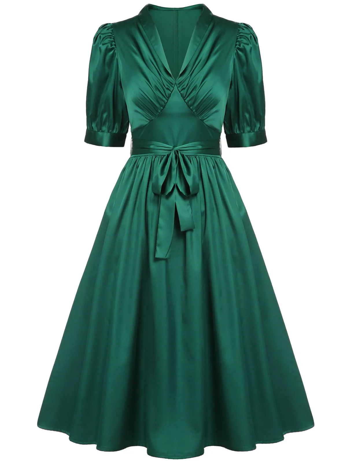 Clearance Retro Stage 1940s Solid Belt V-Neck Dress Dark Green