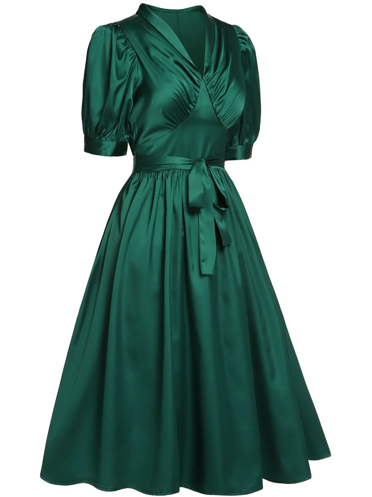 Clearance Retro Stage 1940s Solid Belt V-Neck Dress Dark Green