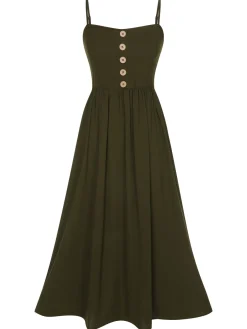 Fashion Retro Stage 1940s Solid Button Sling Dress Dark Green