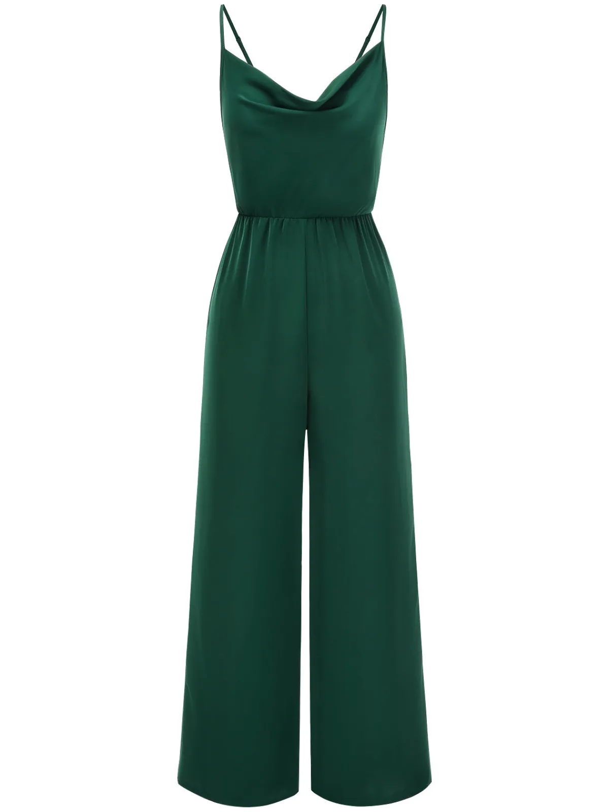 Clearance Retro Stage 1930s Solid Spaghetti Straps Cowl Neck Jumpsuit Dark Green