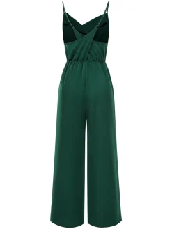 Clearance Retro Stage 1930s Solid Spaghetti Straps Cowl Neck Jumpsuit Dark Green