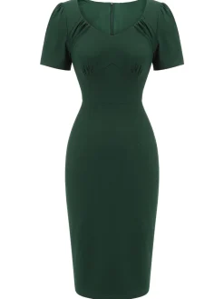 New Retro Stage 1940s Solid Wrap Dress Dark Green