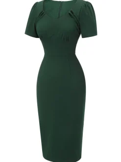 New Retro Stage 1940s Solid Wrap Dress Dark Green