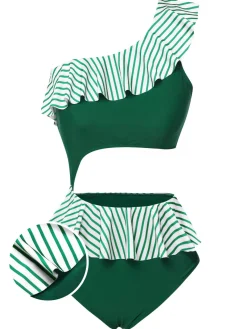 New Retro Stage 1940s Striped Ruffled Swimsuit Dark Green