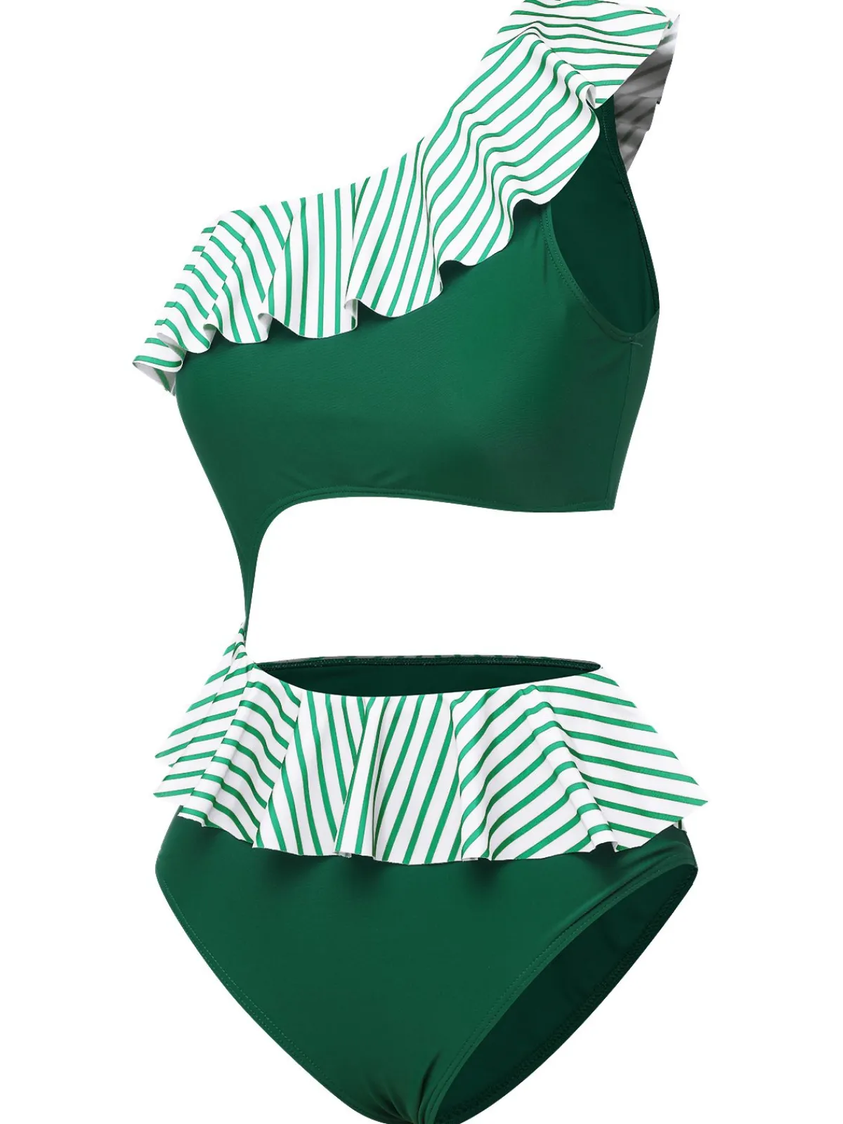 New Retro Stage 1940s Striped Ruffled Swimsuit Dark Green