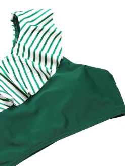 New Retro Stage 1940s Striped Ruffled Swimsuit Dark Green