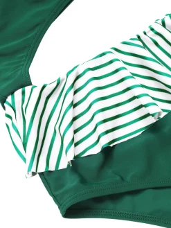 New Retro Stage 1940s Striped Ruffled Swimsuit Dark Green