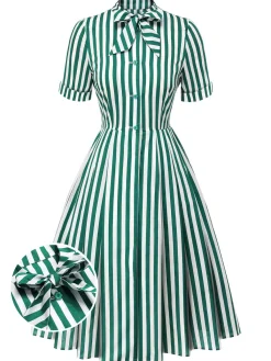 Discount Retro Stage 1950s Tie Neck Striped Dress Dark Green