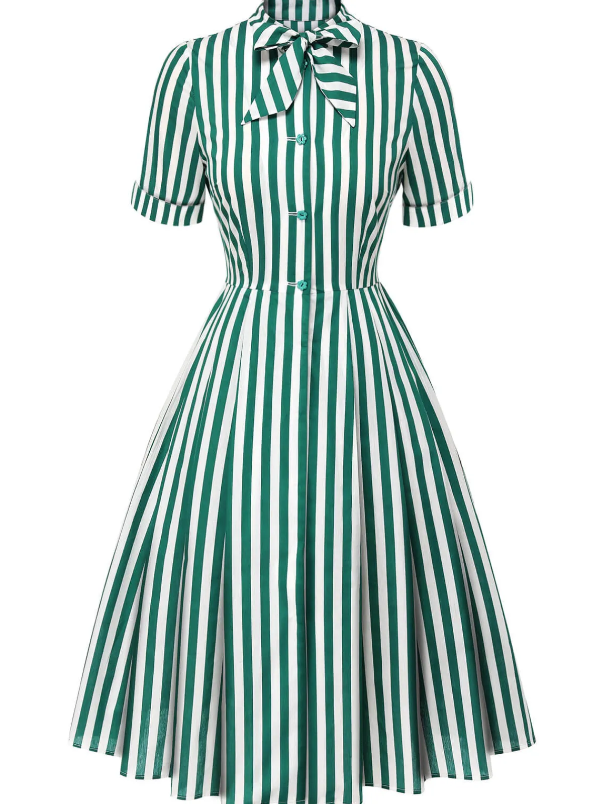 Discount Retro Stage 1950s Tie Neck Striped Dress Dark Green