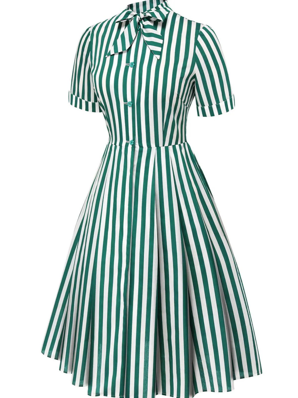 Discount Retro Stage 1950s Tie Neck Striped Dress Dark Green
