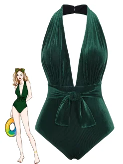 Best Retro Stage Dark Green 1970s Velvet Deep V-Neck Swimsuit