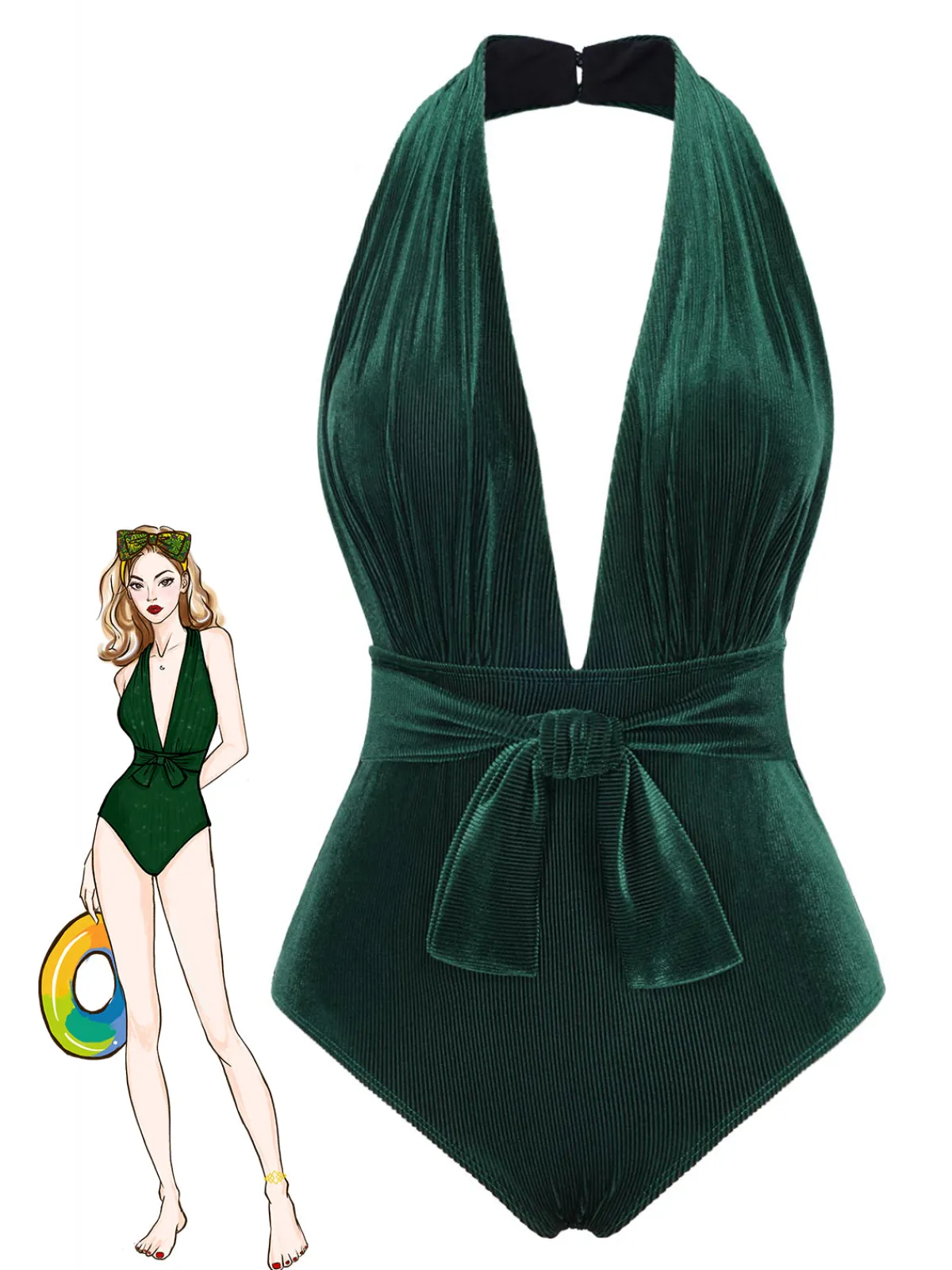 Best Retro Stage Dark Green 1970s Velvet Deep V-Neck Swimsuit