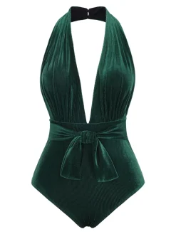 Best Retro Stage Dark Green 1970s Velvet Deep V-Neck Swimsuit
