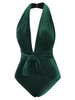 Best Retro Stage Dark Green 1970s Velvet Deep V-Neck Swimsuit