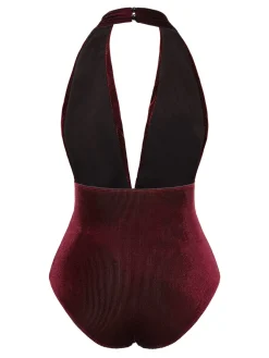 Best Retro Stage Dark Green 1970s Velvet Deep V-Neck Swimsuit