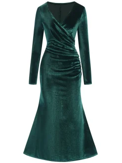 Sale Retro Stage 1930s Velvet Solid V-Neck Dress Dark Green