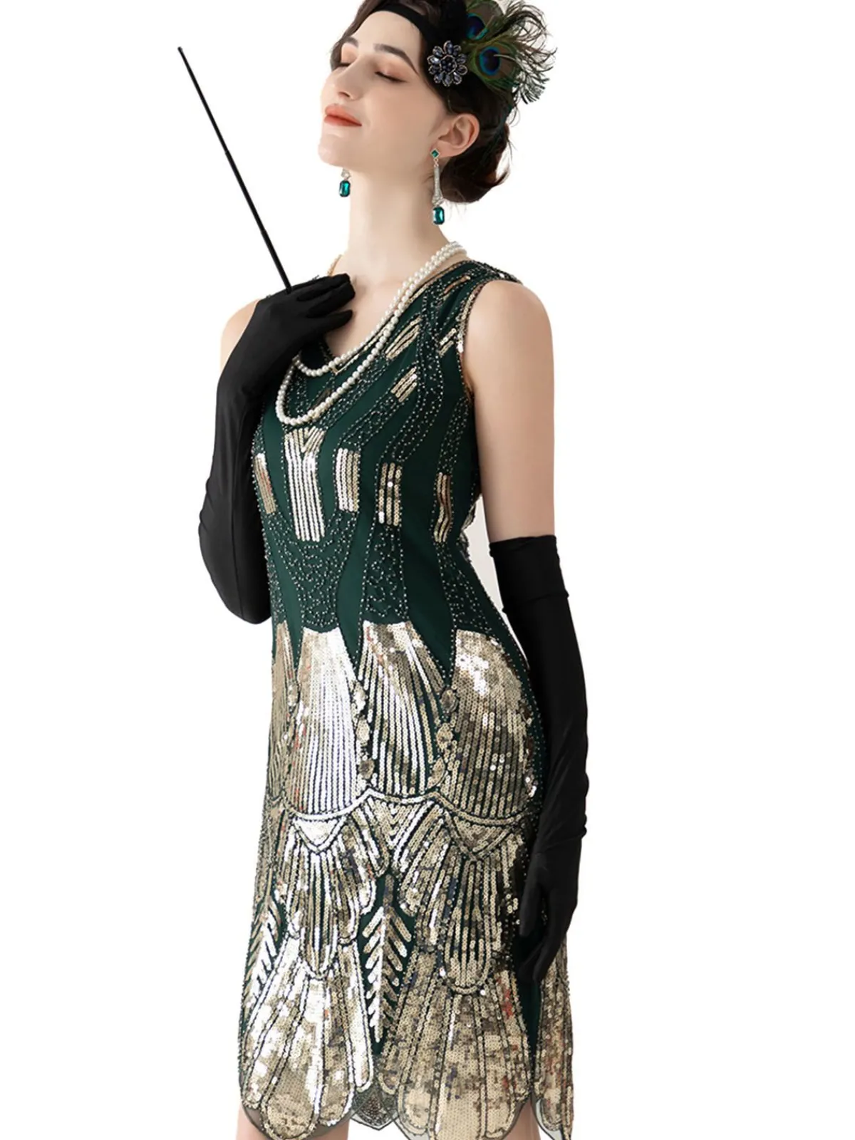 Fashion Retro Stage 1920s V-Neck Sequined Flapper Dress Dark Green
