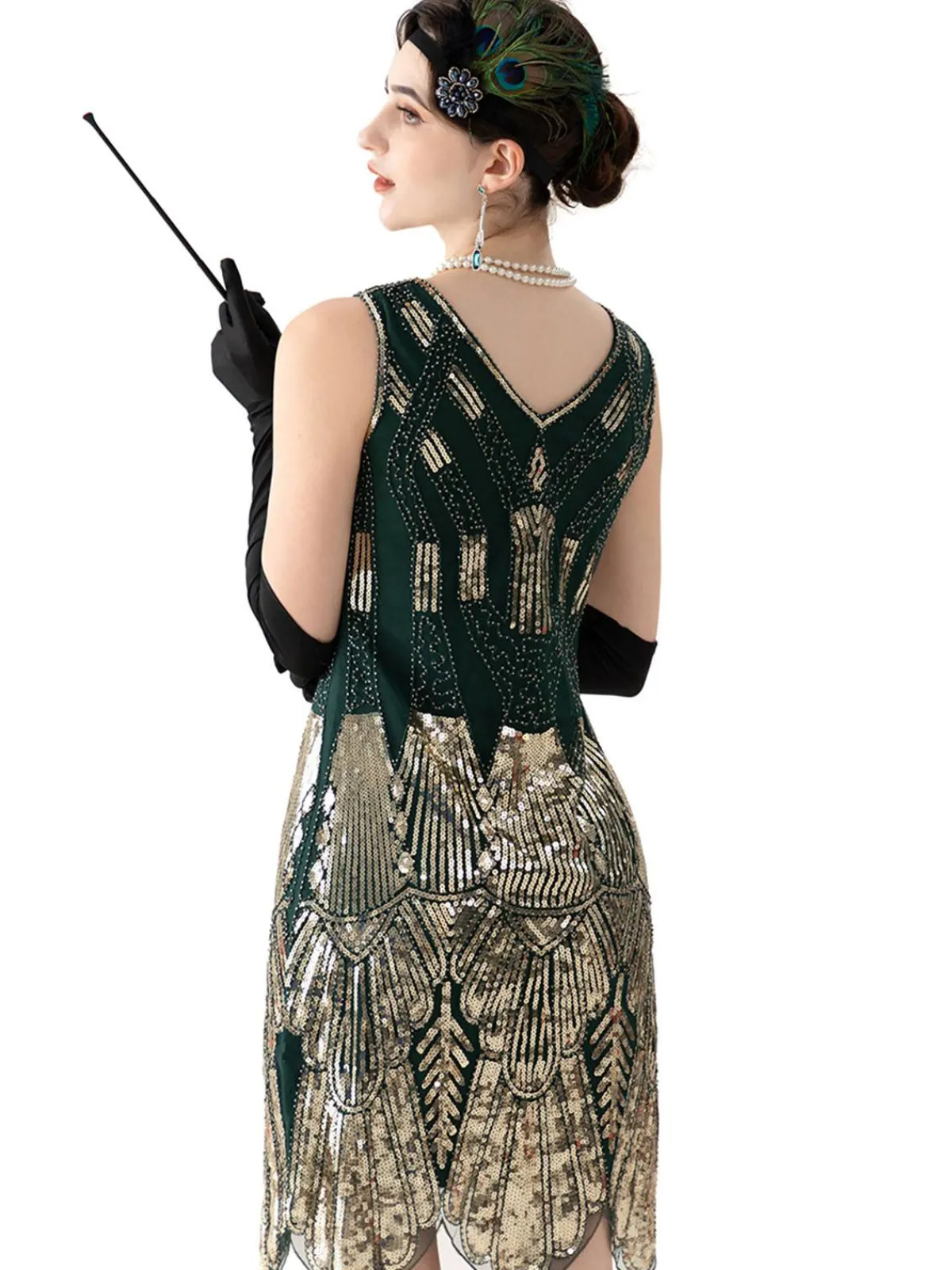 Fashion Retro Stage 1920s V-Neck Sequined Flapper Dress Dark Green