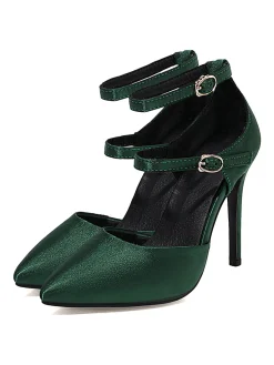 Outlet Retro Stage Satin Double Buckle Belts High Heel Shoes Dark Green