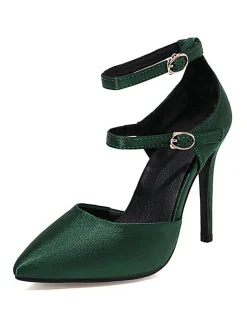 Outlet Retro Stage Satin Double Buckle Belts High Heel Shoes Dark Green