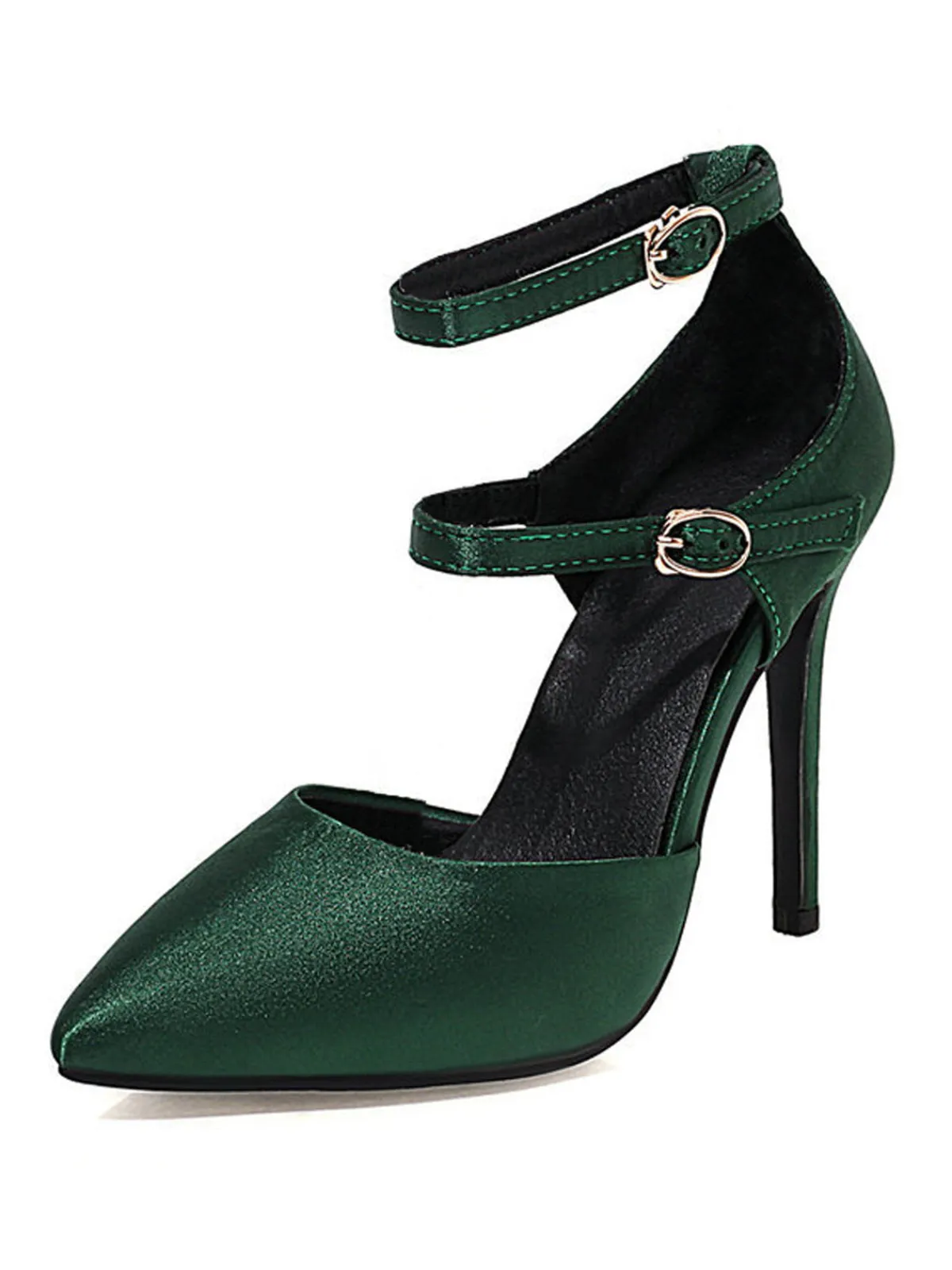 Outlet Retro Stage Satin Double Buckle Belts High Heel Shoes Dark Green
