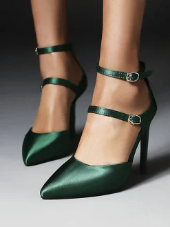 Outlet Retro Stage Satin Double Buckle Belts High Heel Shoes Dark Green