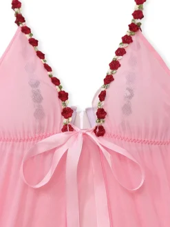 Clearance Retro Stage 1950s Deep V-Neck Embroidered Flower Pajama Set Dark Pink
