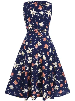 Sale Retro Stage 1940s Floral Sleeveless Dress Deep Blue