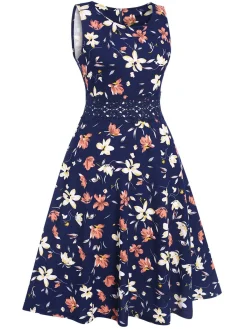 Sale Retro Stage 1940s Floral Sleeveless Dress Deep Blue